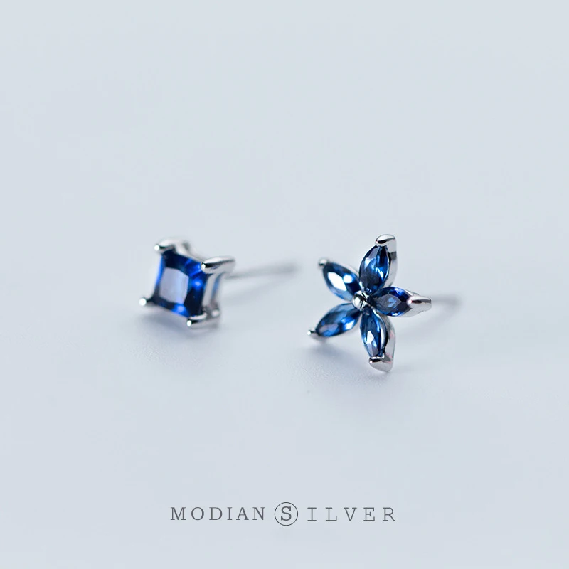 

Modian Exquisite Luxury Blue Flower Plant Square Zircon Jewelry For Women Real 925 Sterling Silver Fashion Female Stud Earrings