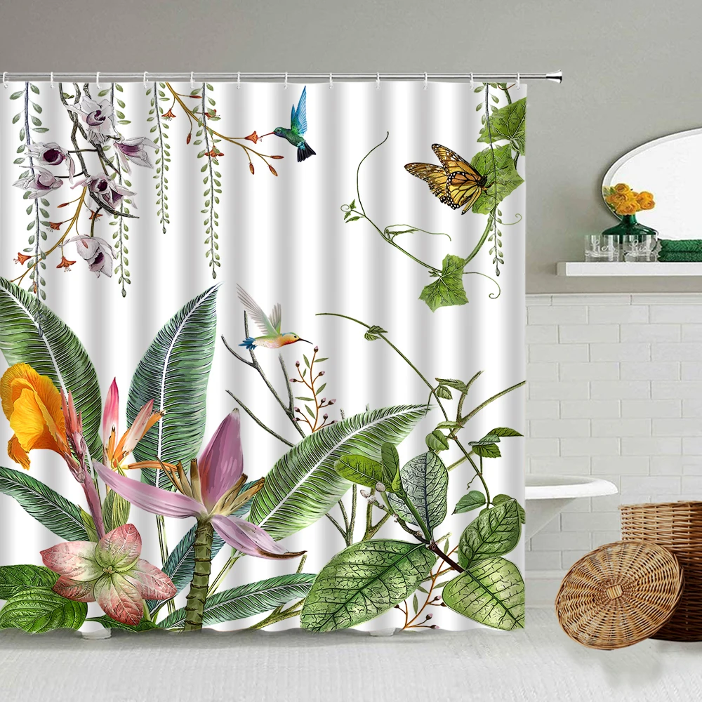 Plant Flower Scenery Shower Curtain Green Leaf Poppy Peach Cherry Blossom Floral Butterfly Bird Bathroom Decor Polyester Fabric