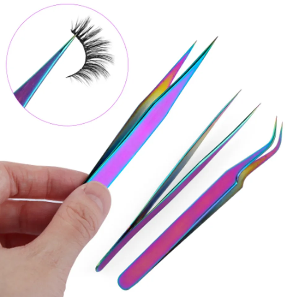 NEWCOME Color Tweezers Eye Lashes Stainless Steel Ultra Fine Tip Improve for 3D Volume Eyelashes Eyebrow Tweezers Makeup Tools