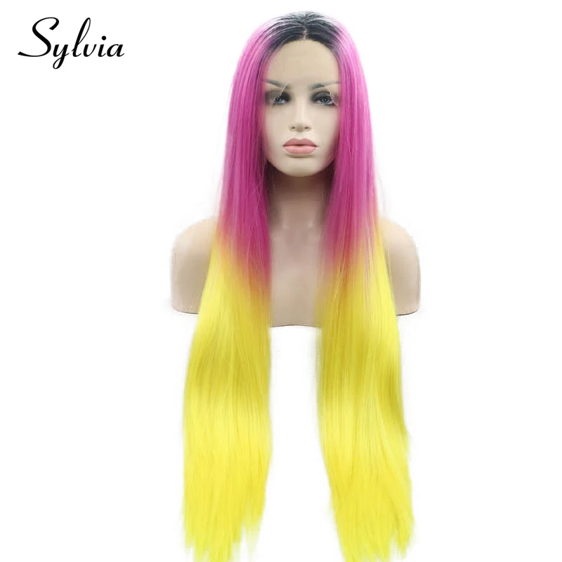 Hot Pink And Black Yellow Cosplay Ombre Lace Front Wig Long Straight Synthetic Frontal Glueless Wigs For Black Women Lolita