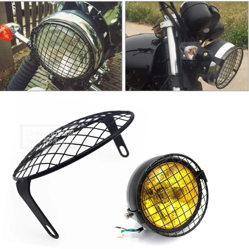 Universale 7 pollici stile retrò moto faro griglia griglia maschera protezioni quadrate copertura in metallo accessori diamante anticollisione