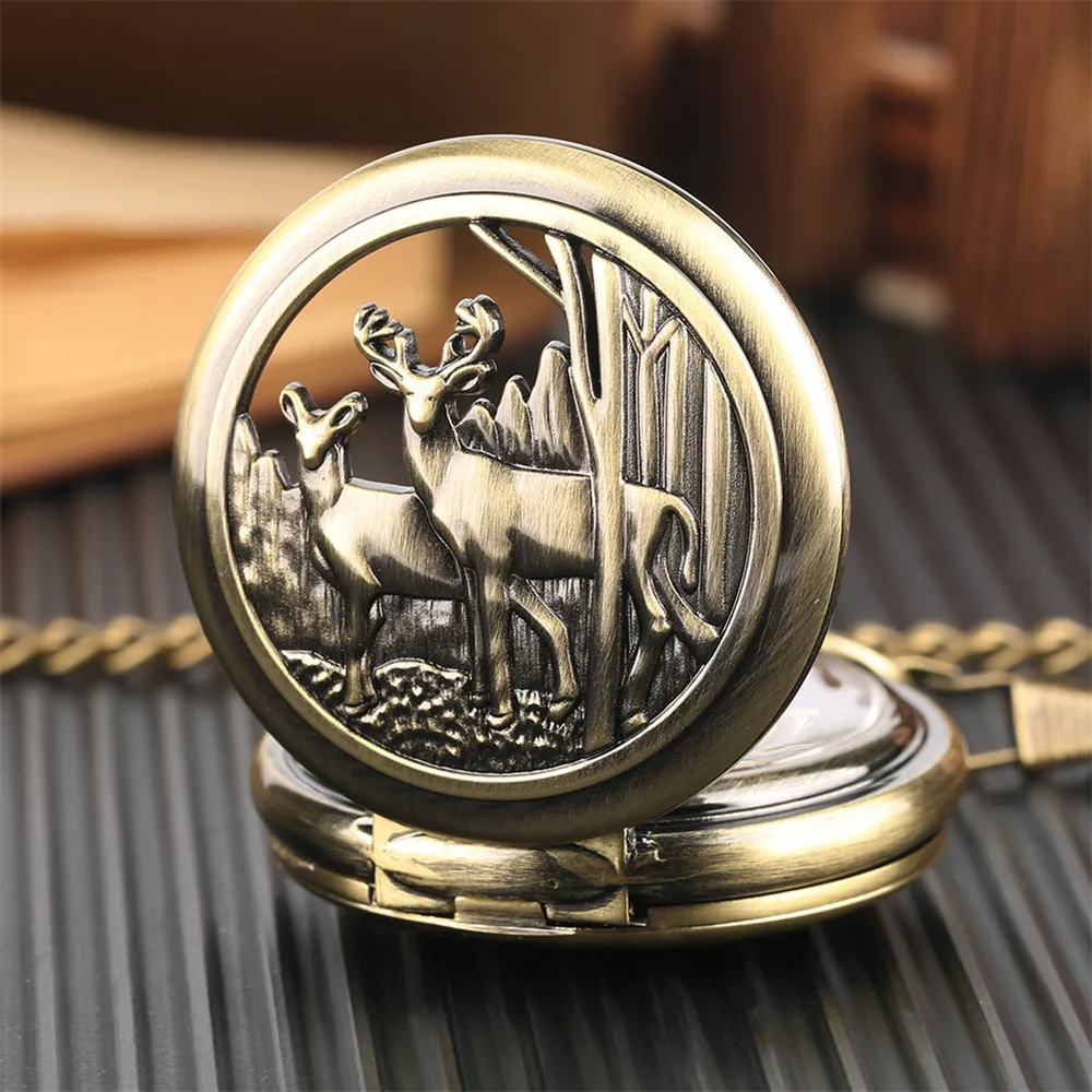 Bronze Manual Machinery Pocket Watch Classic Elk Pattern Roman Numerals Dial Double Hunter Pendant Hand Winding Timepiece Clock