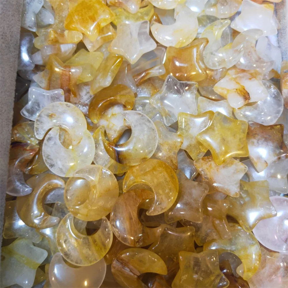 Natural Yellow Gum Flower Crystal Energy moon and star shape Healing Beautiful Chakela Stone Home Decoration