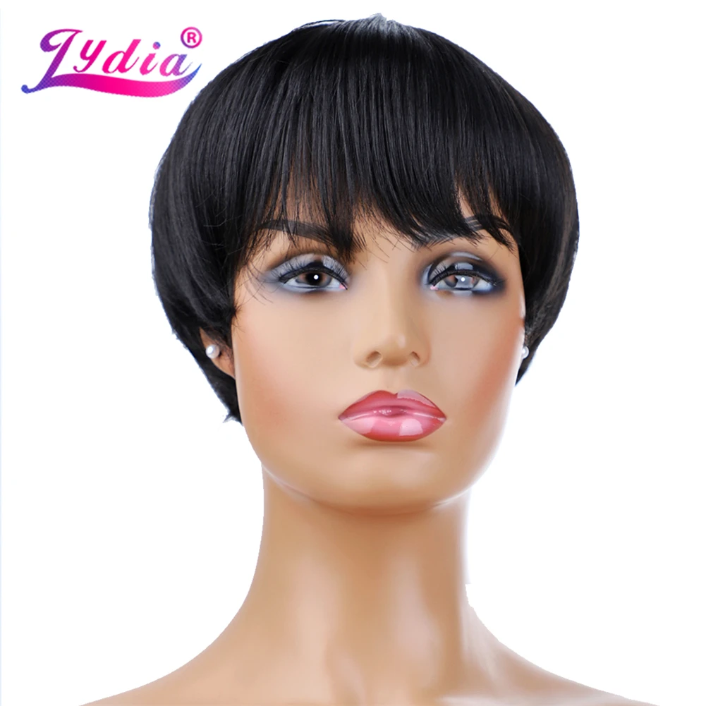 Lydia Short Synthetic Wigs For Black Women 100% Kanekalon  1B# Black Color Bob Wig 6 Inch Heat Resistant With Free Side Bang