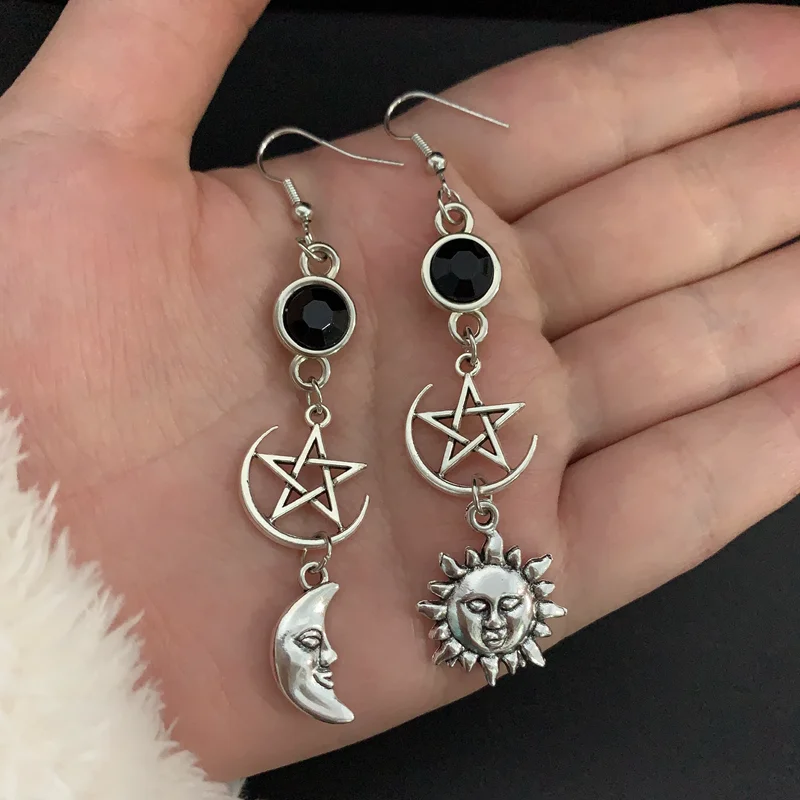 New/Pentagram Crescent Goddess Black Birthstone Earrings, Celestial Gothic Jewelry, Sun/Moon Jewelry