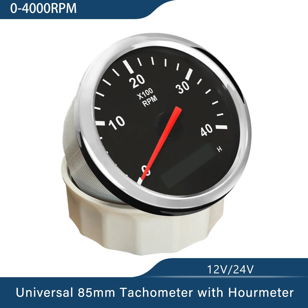 Waterproof Tachometer 3-8K RPM Tacho Gauge REV Counter with Hour Meter 85mm Gasoline Diesel Engine 12V 24V Red Backlight