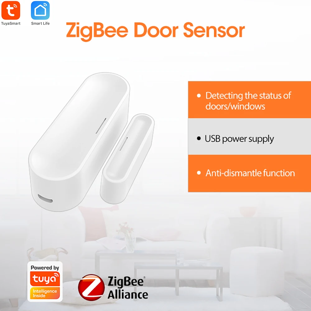 Tuya Zigbee Smart Door Window Sensor ,Home Security Detector ,Battery Powered or USB Charge Works With TUYA Smart Life APP