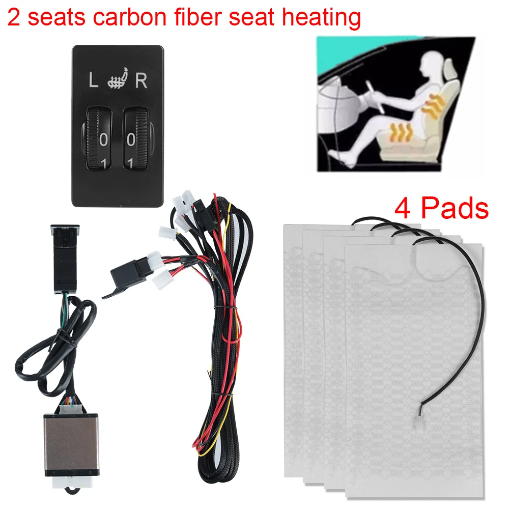 Car Seat Heating Pad 2 Seats 4 Pads Seat Heating Heater 12V Winter Warmer Seat Covers Carbon Fiber 2 Dial 5 Level Switch