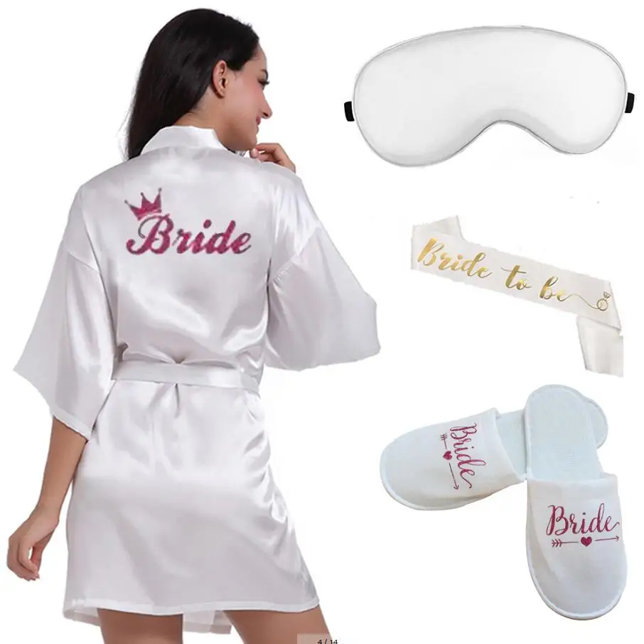 4Pc Set Van Glitter Gold Bruid Satijnen Korte Bruid Badjas Slippers Bridal Sash Peignoir Vrouwen Bridal Party 2019 Kimono gewaad