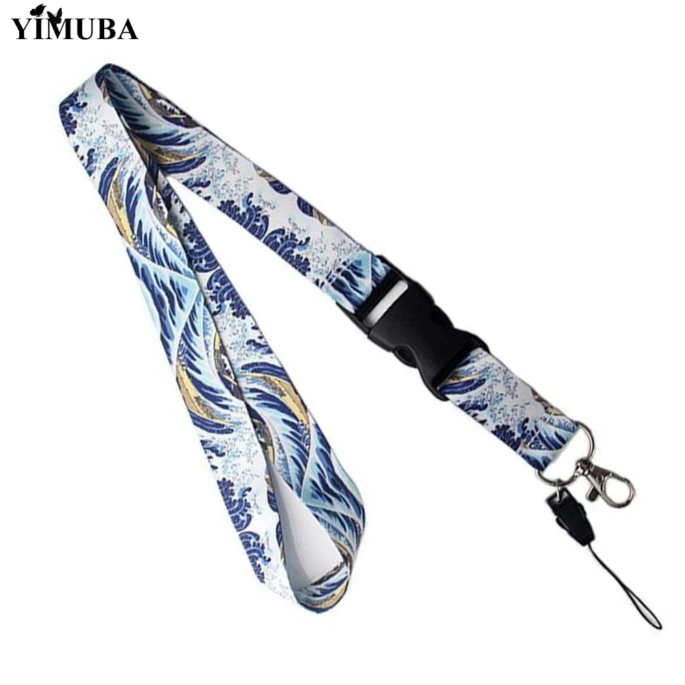 YIMUBA Blue Sea Wave Keychain Phone Detachable Buckle Lanyards Kanagawa Surfing Print Neck Strap Anti-lost Game Console Lanyard