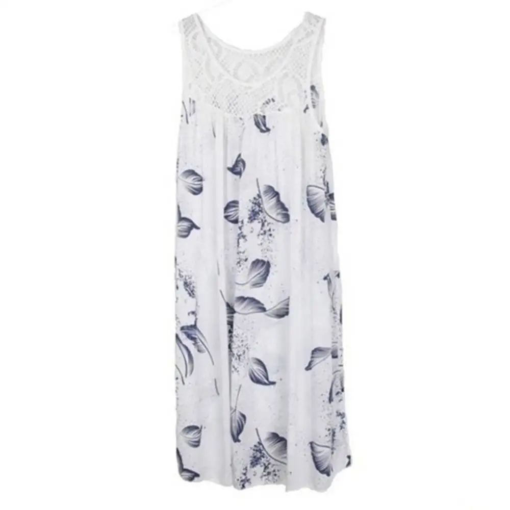 Elegant  Floral Printed Lace Stitching O-Neck Sleeveless Women Summer Loose Tank Dress