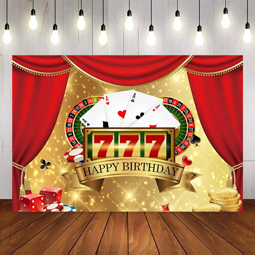 Happy birthday casino party backdrop gold glitter party decoration Las Vegas birthday background for photo studio red curtain