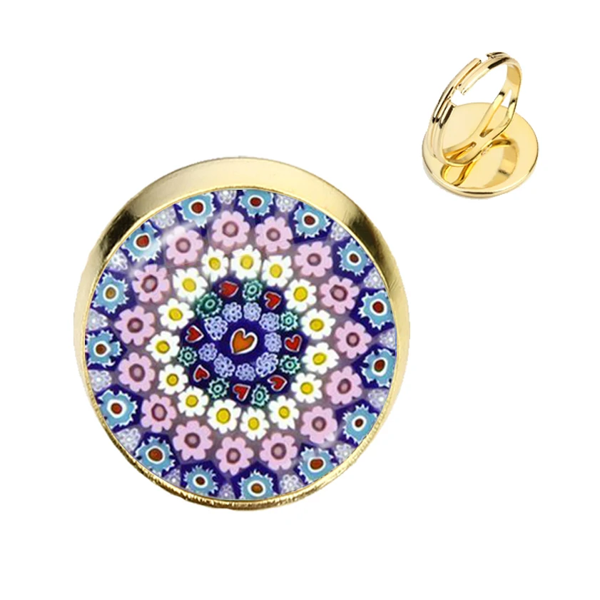 Murano Millefiori Ajustable Rings MultiColour Flower 16mm Glass Cabochon Ring Jewelry For Women Men Gift Wholesale