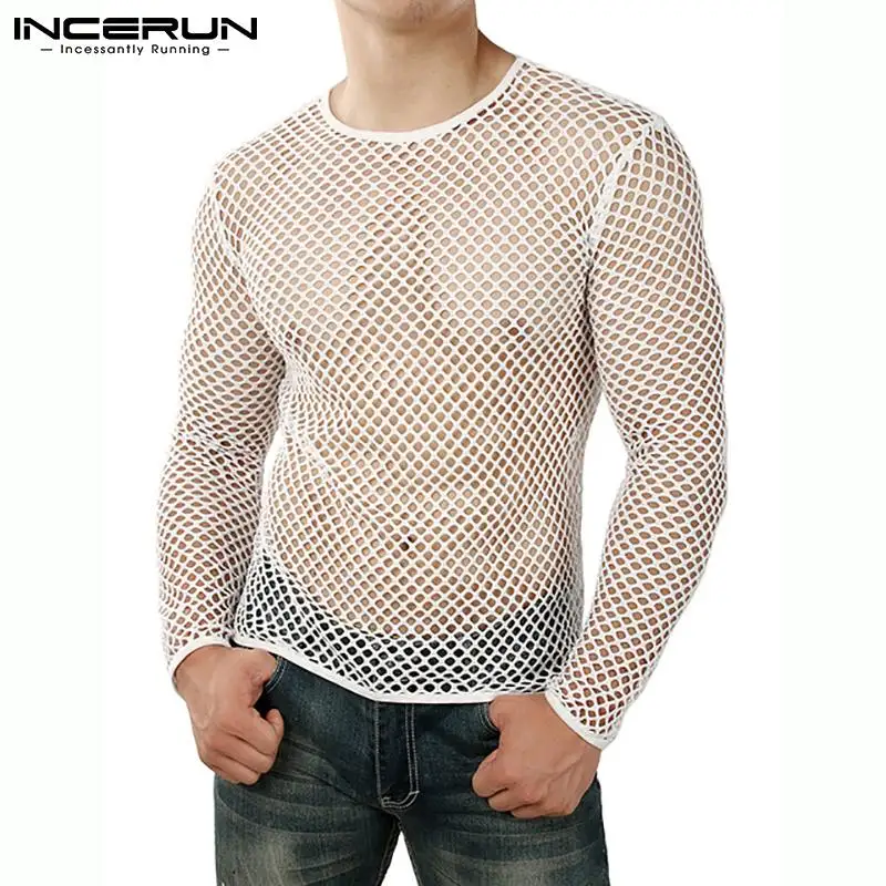 INCERUN 2024 Men T Shirt Mesh Transparent O-neck Long Sleeve T-shirts Sexy Streetwear Fashion Party Nightclub Men Clothing S-5XL