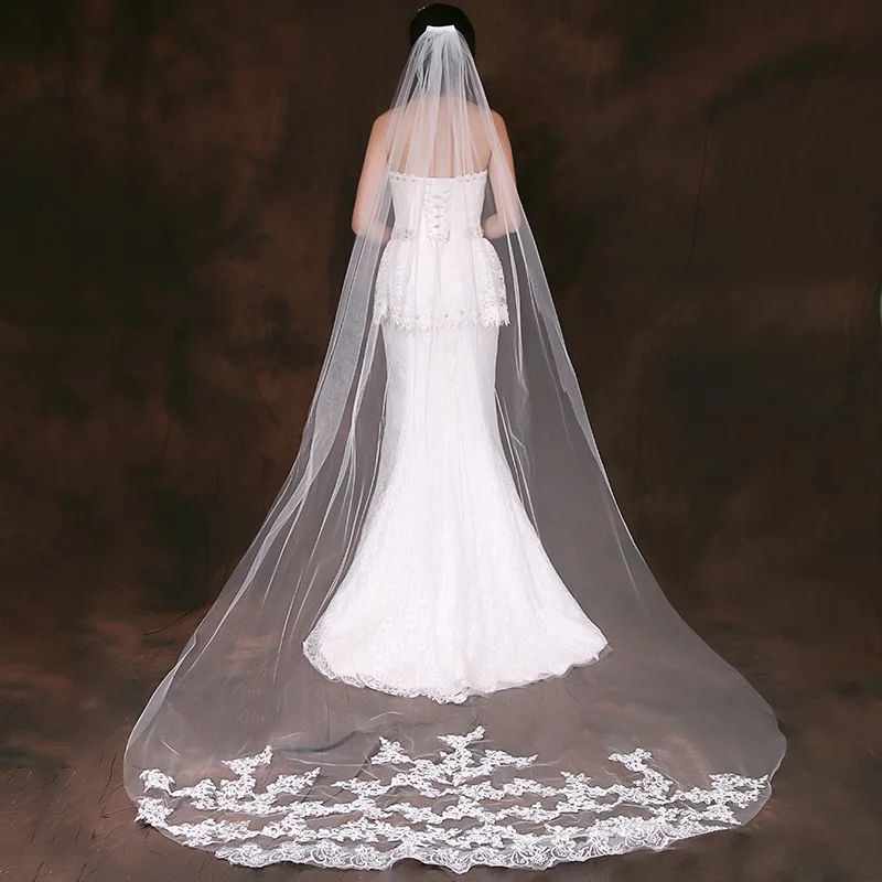 Long Lace Wedding Veil Embroidered European And American One Layer Lvory/White Cathedral Bridal Veil Velos De Novia