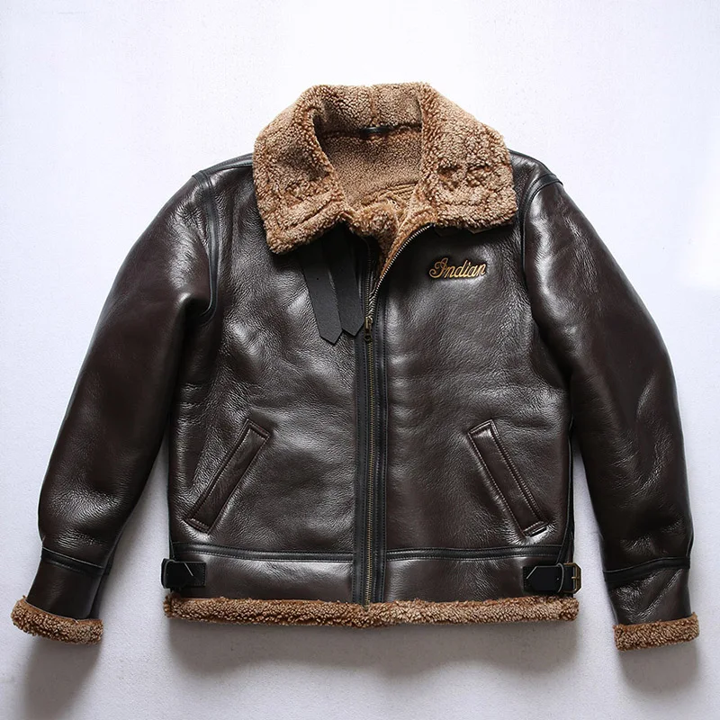 IBB3 European US Size High Quality Super Warm Genuine Sheep Leather Coat Mens Big B3 Shearling Bomber Military Fur Jacket