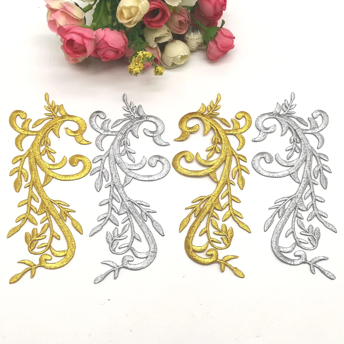 Gold Embroidery Patches Iron On Appliqued Mirror Pairs Diy Garment Costumes Trims 14cm*6cm