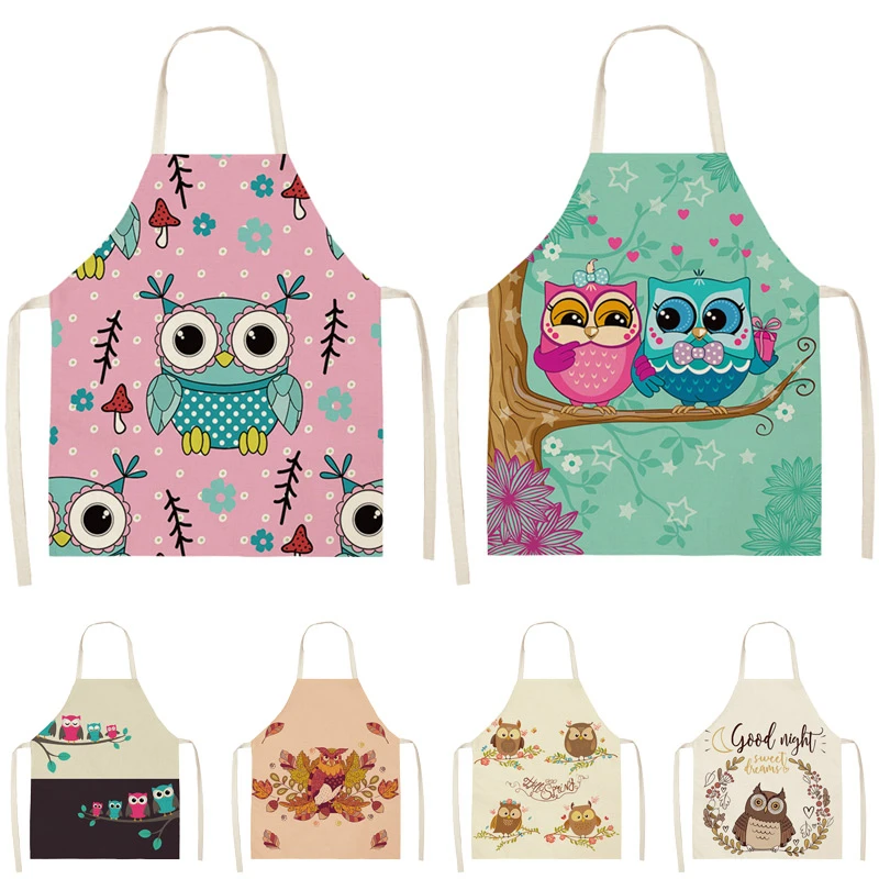 

1Pcs Colorful Owl Pattern Cleaning Art Aprons Home Cooking Kitchen Apron Cook Home Wear Cotton Linen Adult Bibs 53*65 cm WQ0128