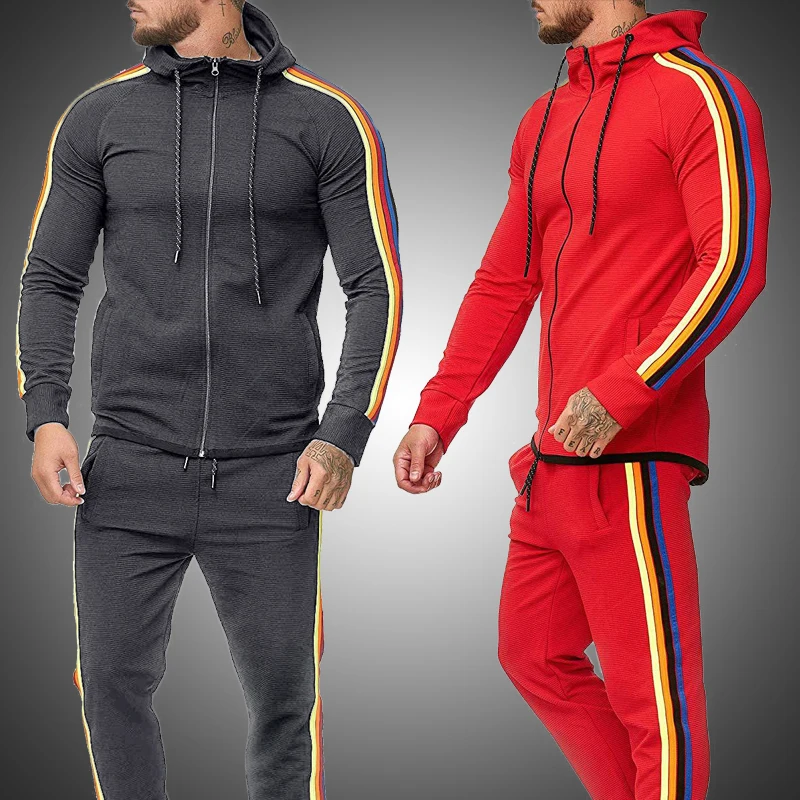 Autumn Men Fashion Striped Long Sleeve Hoodies+Pants Sets Male Zipper Tracksuit Sport Suit Men's Gyms Set Casual Sportswear Suit