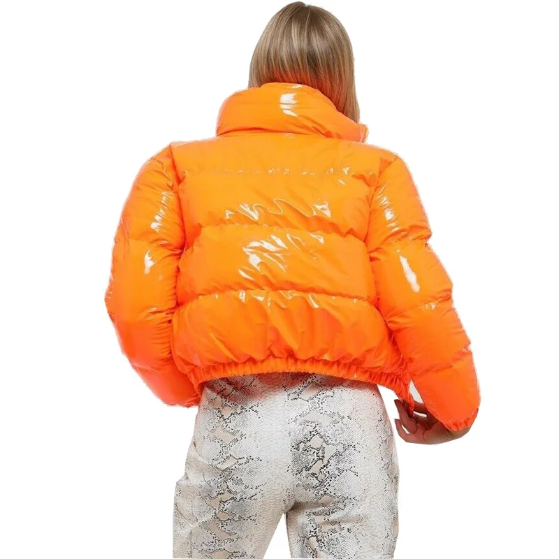 FORERUN Women Winter Coat PU Short Orange Puffer Jacket Bubble Fashion Glossy Shiny Cotton Padded Standard Collar Warm Outwear