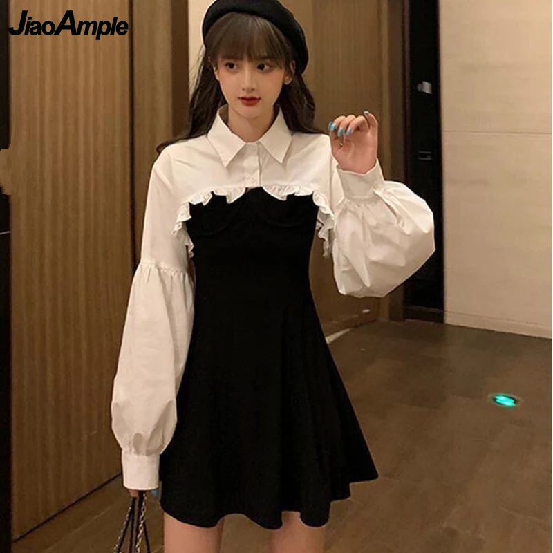 Women\'s Korean Fashion 2 Pieces Dress Set Spring Summer Sweet Ruffles Long Sleeve Shirt Black Sling Mini Dresses Set 2024 Trendy