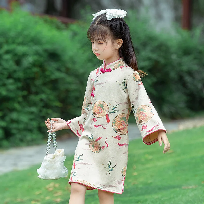 Autumn New Girl Dress Long-Sleeved Improved Cheongsam Children Teenager Chinese Style Princess Dress