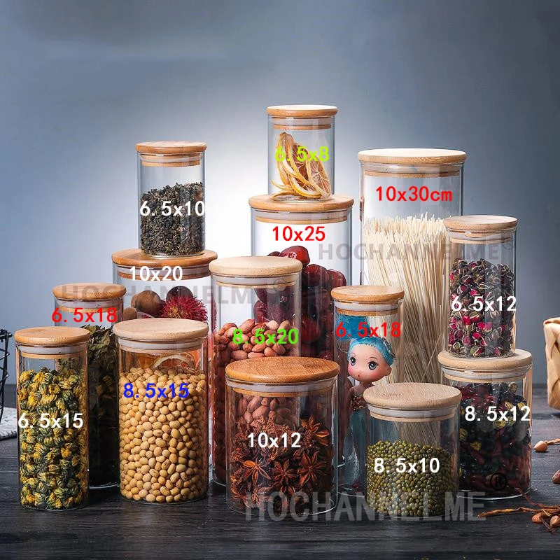 Bocal à bonbons Mason en verre pour épices, récipient à couvercle en bambou, avec couvercle, bocal à biscuits, vente en gros