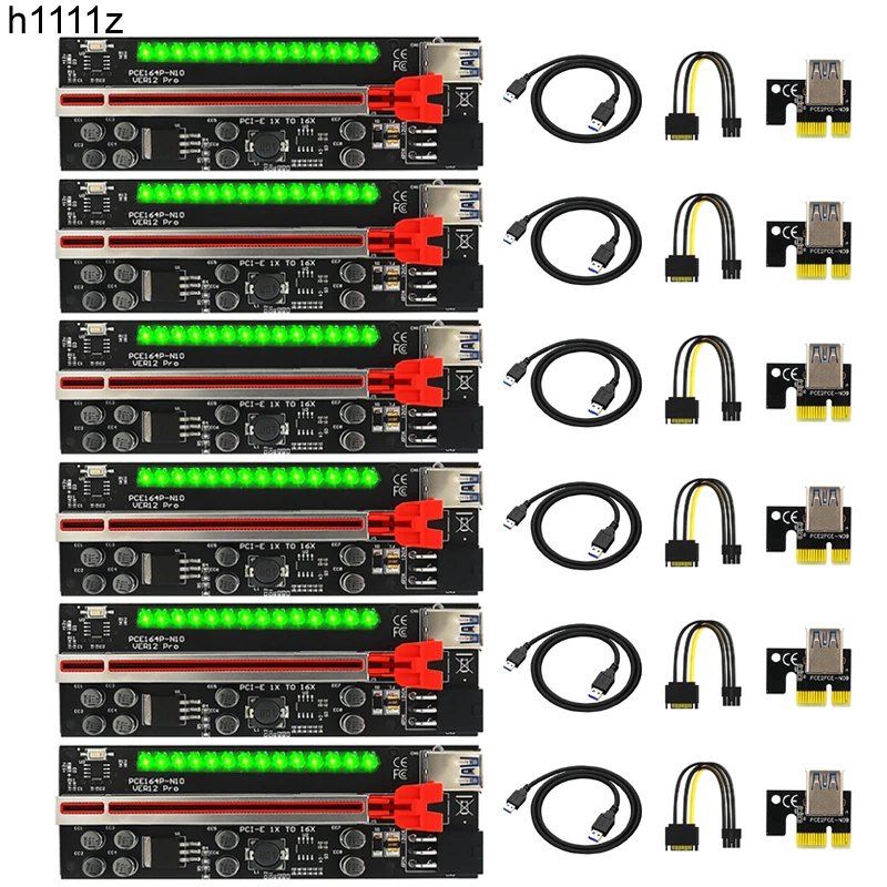 

6 PCS PCIE Riser VER12 Pro Cabo Riser PCI Express X16 Extender PCI E USB Riser 6Pin Adapter Card SATA 15pin for BTC Miner Mining