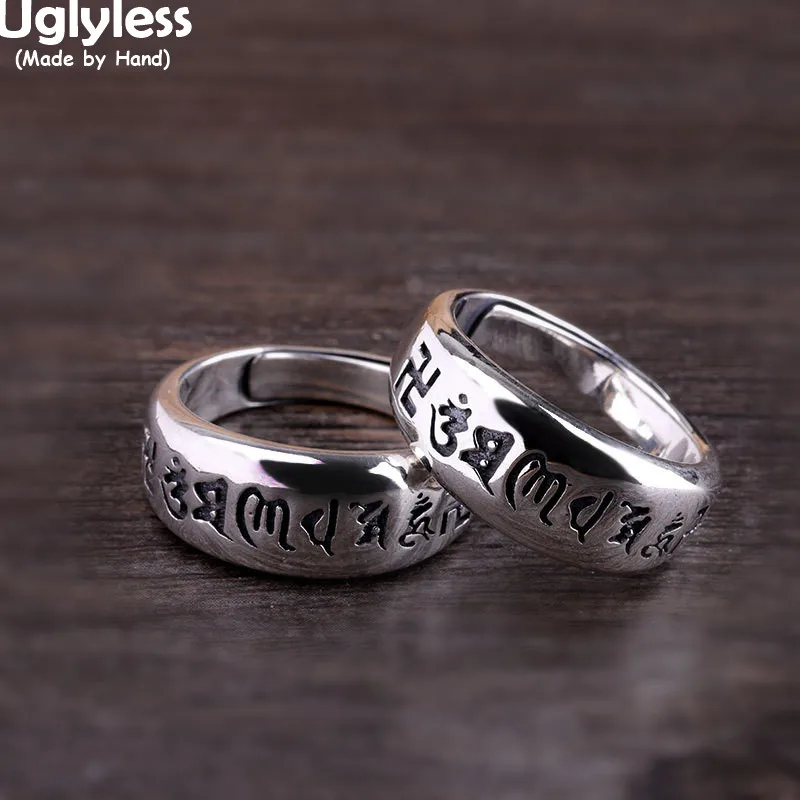 Uglyless Buddhistic 6-word Mantra Open Rings for Women Religious Gifts Jewelry Glossy 925 Silver Rings ong ma ni bai mi hong