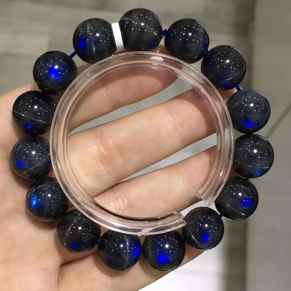 

Natural Black Labradorite Blue Light Crystal Round Beads Bracelet 13mm Cat Eye Women Men Black Labradorite Moonstone AAAAA