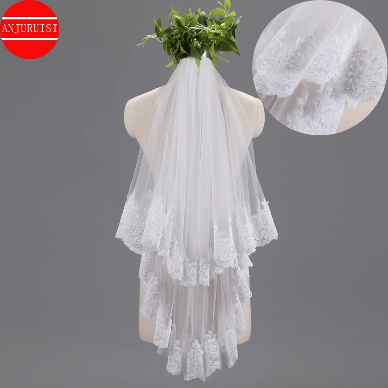 ANJURUISI Pretty Bridal Velo Lace Edge Two Layer Wedding Veil 2020 White Tulle veu de noiva Wedding Accessories With Metal Comb