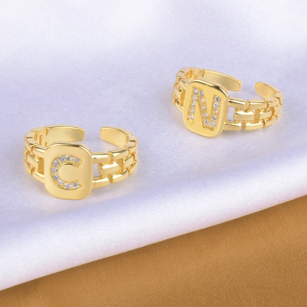 Fashion Cubic Zircon Letter A-Z Rings Adjustable Gold Color Initial Rings For Women Hip Hop Punk Aesthetic Jewelry Accessories