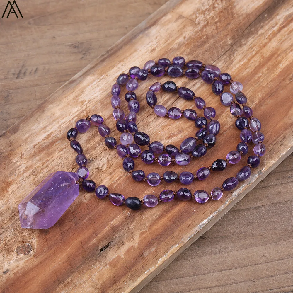 Natural Amethysts Quartz Chip Beads Mala Necklace Women Double Stick Purple Quartz Point Knotted Handmade Necklace N0259AMDD