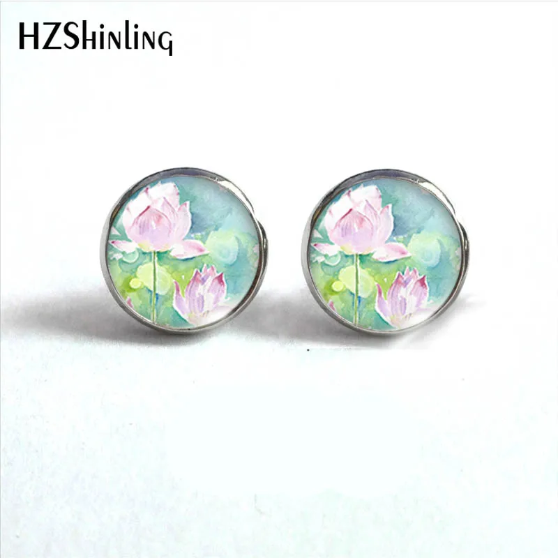 Waterlilies lotus Flower Pattern Glass Stud Earrings Glass Cabochon Ear Fashion Jewelry