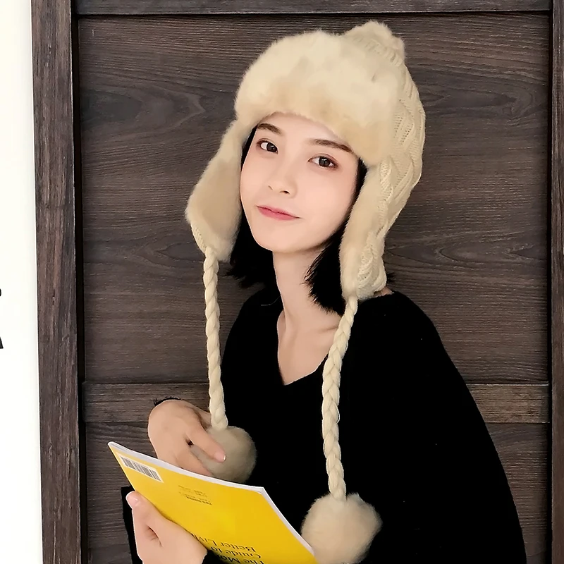 

H3560 Women Bomber Hat Winter Plush Ear Protection Riding Knitting Cap Female Korean Outdoor Cold Proof Warm Cute Hair Ball Hats