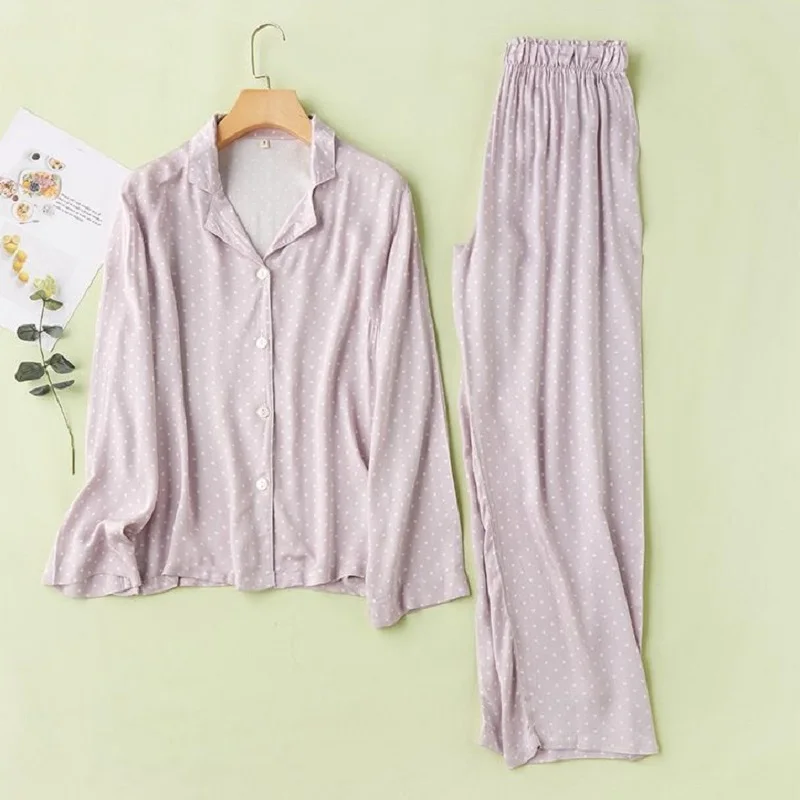 Soft Viscose Women\'s Long Sleeve Turn-down Collar Pajama Sets Long Pants White Dot Light Green Loose Sleepwear Spring Autumn