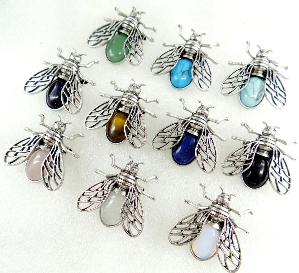 Fashion Natural stone Mix lapis lazuli Quartz crystal animal bee Archaize silver brooch Pendant Jewelry making accessory 10pcs