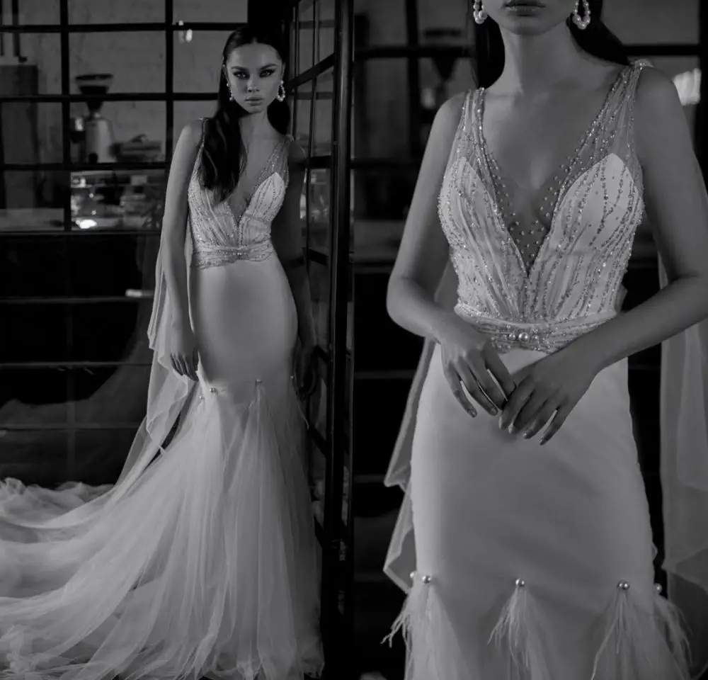 Luxury Wedding Dresses V Neck Lace Appliques Beads Feather Bridal Gowns Custom Made Sweep Train Mermaid Wedding Dress