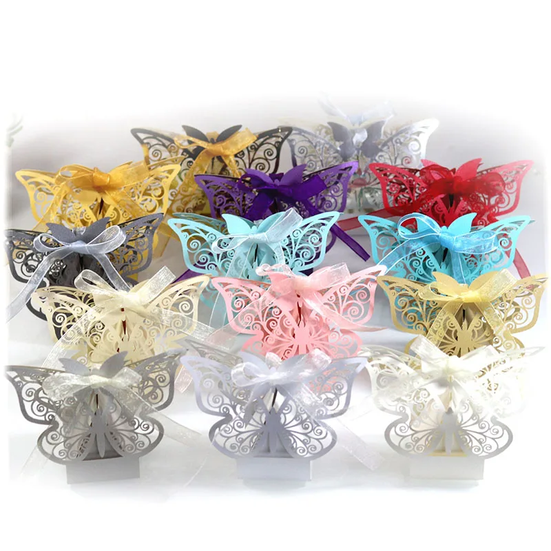 10Pcs Butterfuly Laser Cut Wedding Bridal Favors Gifts Box Candy Boxes With Ribbon Christening Baby Shower Wedding Party Decor
