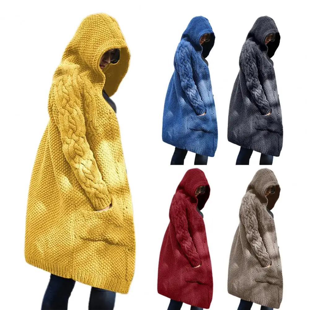 Solid Color Long Sleeve Women Cardigan Autumn Winter Hooded Pockets Knitted Sweater Outerwear