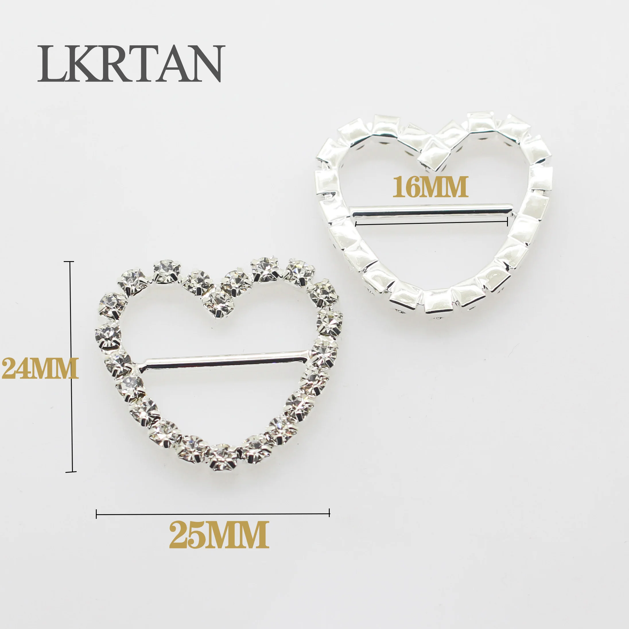 LKERAN Heart Slider buckle Metal Rhinestone buckles 10pcsPcs / Lot Wedding Invitation Ribbon decoration buckle Plated Silver