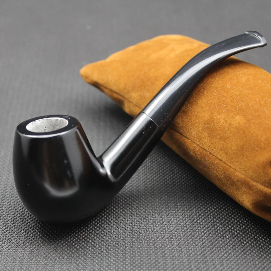 Handmade Nature Ebony Wood Bent Type Round Smoking Pipe Tobacco Wooden Smoke Pipe Gift 10pc 9mm Filters + Pouch + Holder #508bS