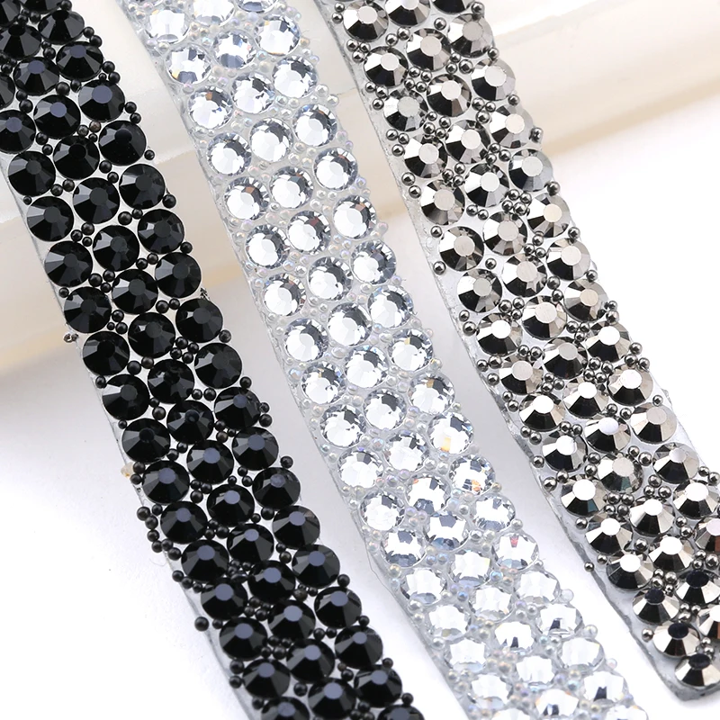 9mm 3 Rows Rhinestone 1 Yard Crystal Glass Hot Fix Sewing Trim Tape Applicator Ribbon With Rhinestones Appliques For Clothing