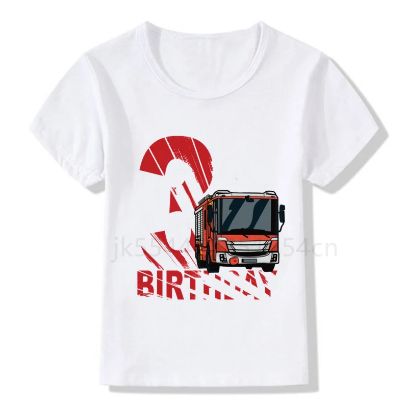 Kids Fireman Birthday Number 2-8 T-shirt Boys Fire Truck Shirt Boy Train Tees Toddler Boy Construction Truck Shirts