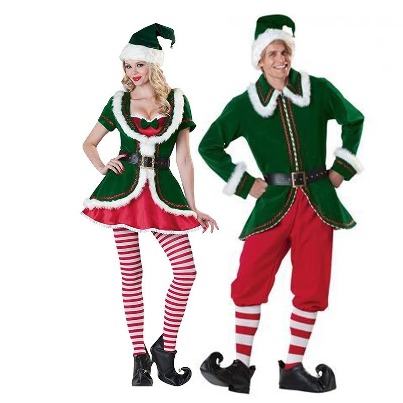 

Couple Carnival Santa Claus Green Elf Costume Velvet Christmas Jolly Parade Mascot Cosplay Fancy Party Dress Halloween