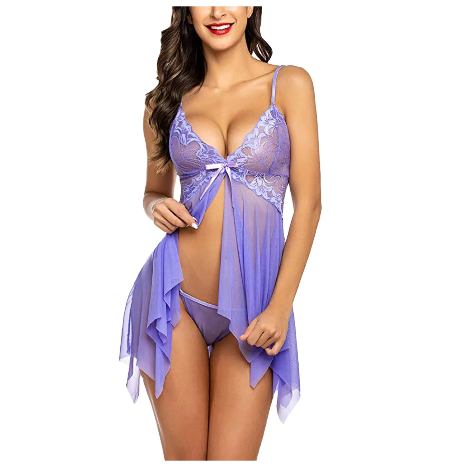 Lace Nightgown Women Strap Night Dress Pyjamas Negligee Babydoll Lace Chemise V Neck Mesh Sleepwear Sexy Costume Women Nightgown