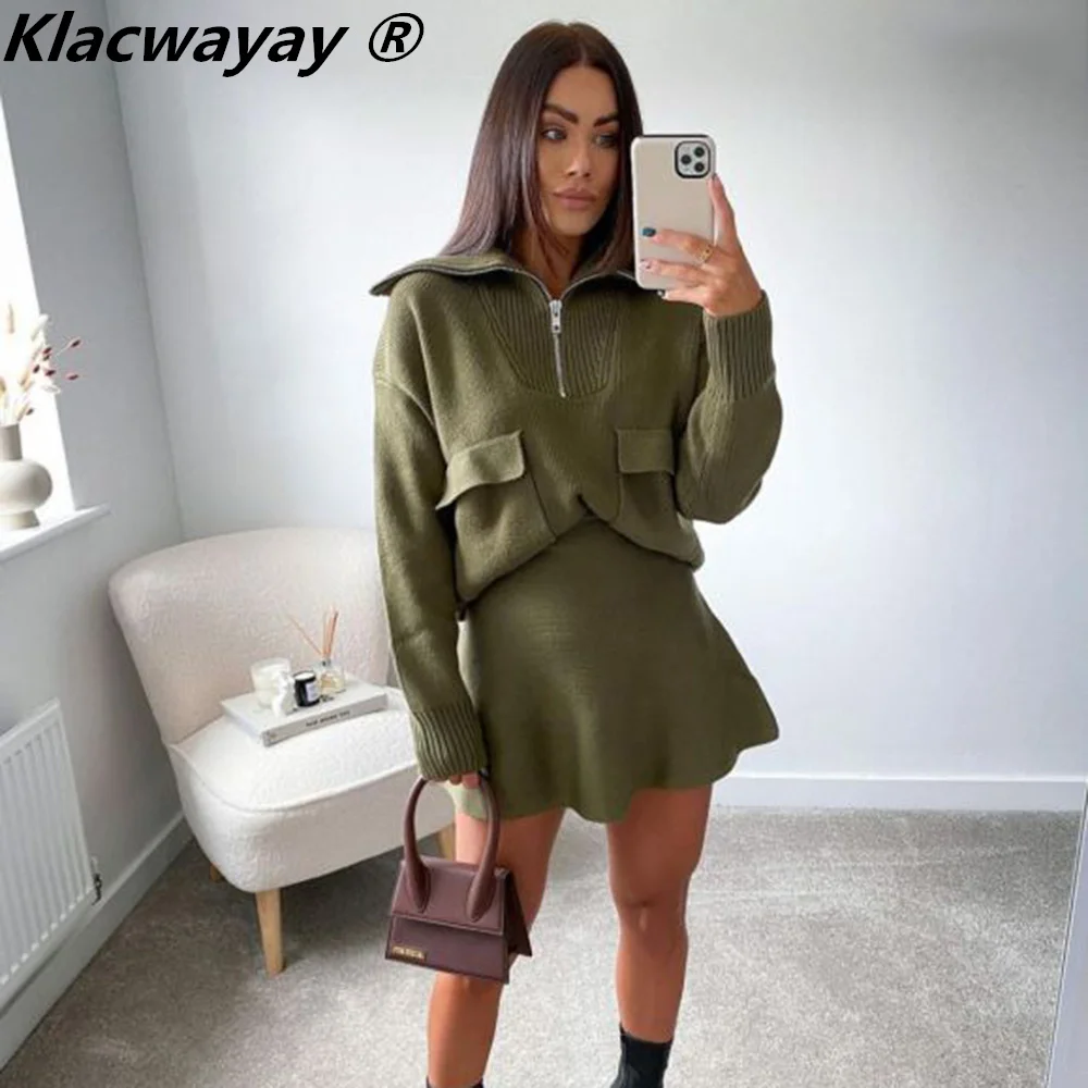 Knitted Skirt Suits For Women Two Piece Set Women Skirt Zipper Solid Color Tops High-Waisted Mini Skirt 2021 Women Knitted Suit