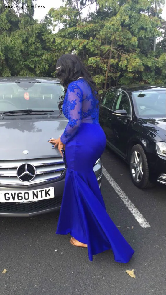 Lange Hülse der Süden Afrikanische Meerjungfrau Spitze Sheer O-ansatz Prom Kleid Royal Blue Formale Abend Party Kleid Nach Maß