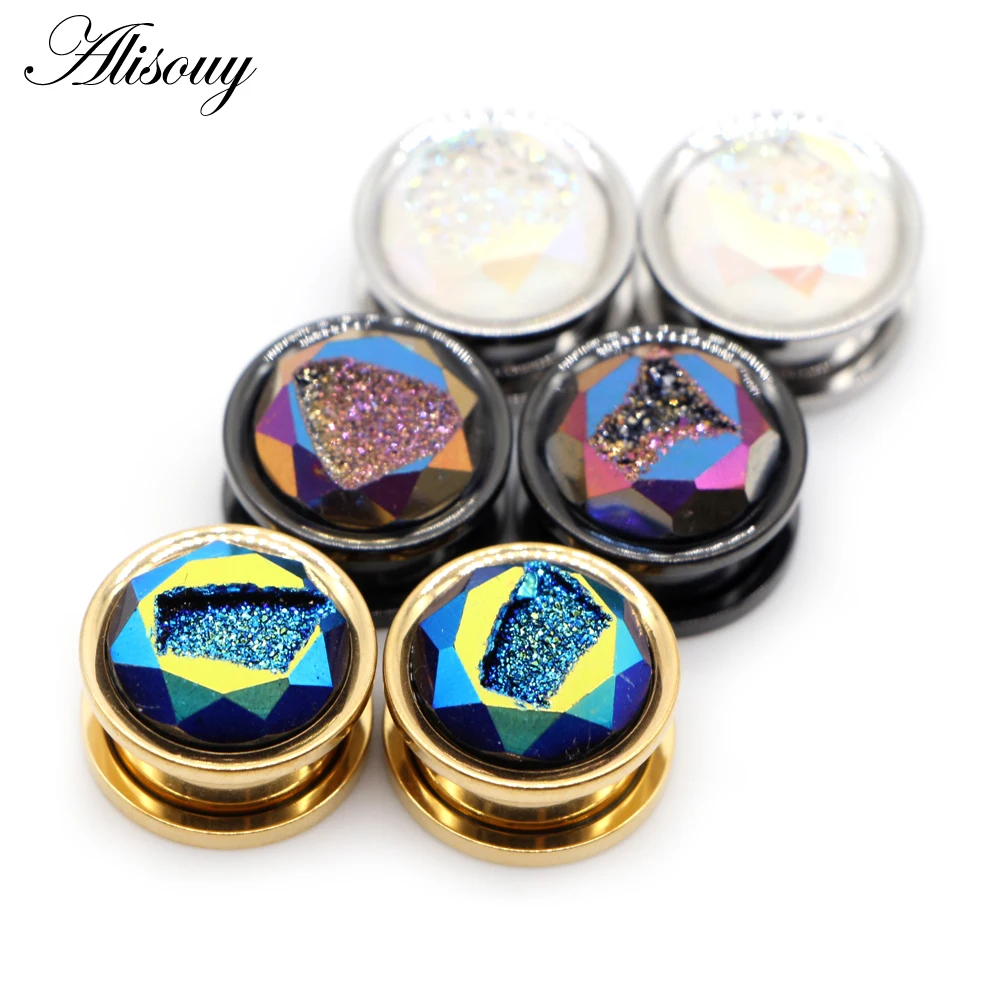 Alisouy 2pcs Stainless Steel Inlay Crystal Bud Ear Tunnels Plugs Flesh Screw Expanders Stretched Earrings Body Piercing Jewelry