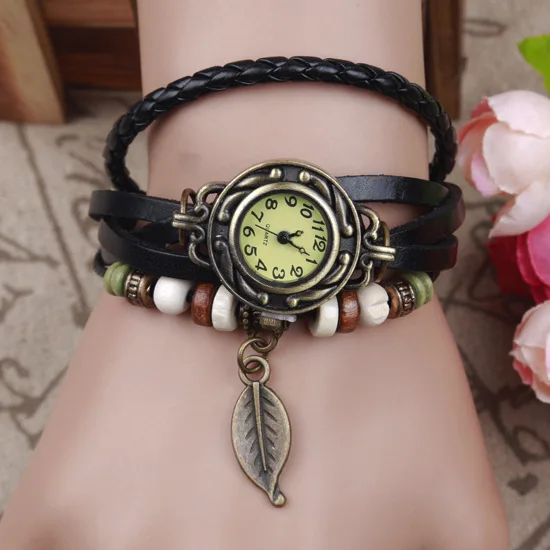 Reloj Vintage de cuero de vaca para mujer, pulsera de cuarzo con cuentas Vogue, Estilo Vintage, kz010